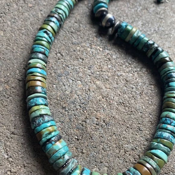 Sterling Silver Turquoise Heishi Bead Necklace. - Picture 7 of 12
